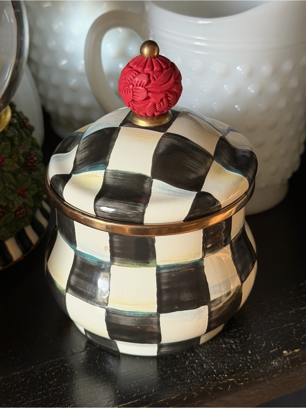 Mackenzie Childs Lidded Sugar Bowl Courtly Check Red Finial Enamel